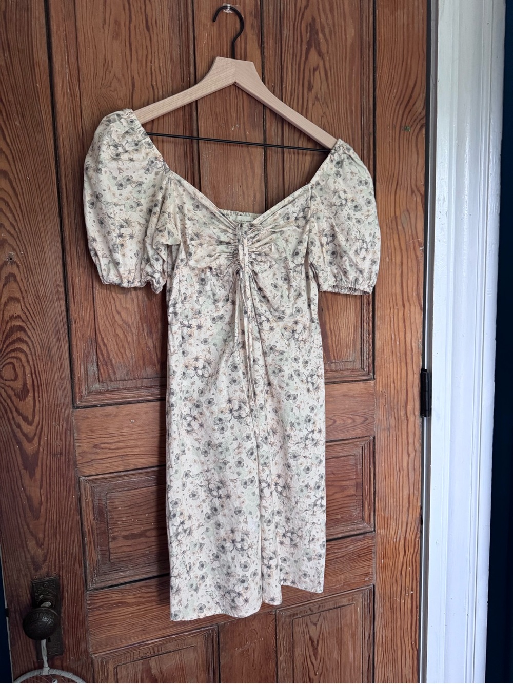 H&M Cream Floral Puff-Sleeve Midi Dress with Ruched Front